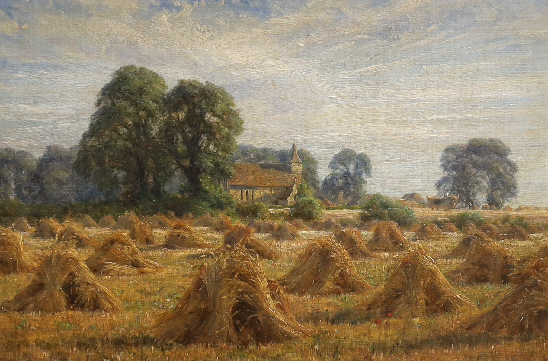 Alfred East RA, (1849-1913) oil on board, Harvesting, initialled and dated 1901, 28cm x 19cm